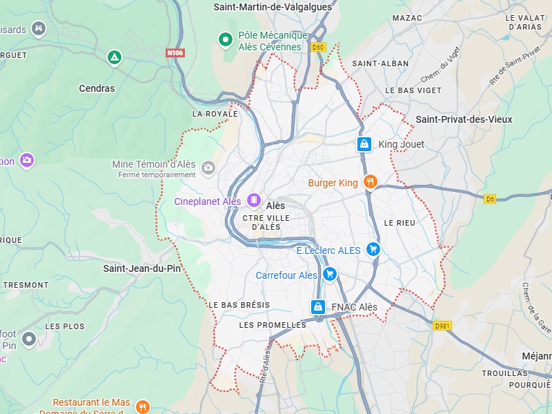 Carte Alès : Commerces, Routes N106 et D60 Carte routière de la ville d'Alès, France, montrant Cendras, Saint-Jean-du-Pin, et des commerces comme Burger King, E.Leclerc et FNAC Alès.