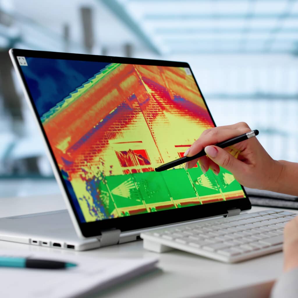 Thermographie : analyse des pertes de chaleur et isolation. Portable affichant une image de thermographie colorée d'une maison. Une main utilise un stylet pour identifier les pertes de chaleur (rouge/jaune).